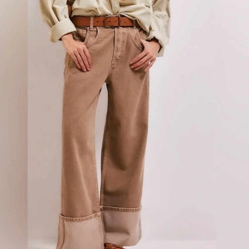 Free People Wide Leg Flare Jeans in Tan